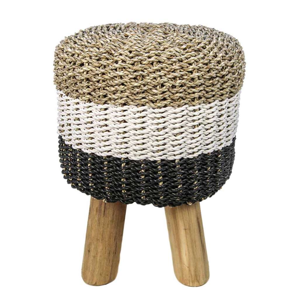 Hocker aus Raffia und Teak Massivholz Skandi Design