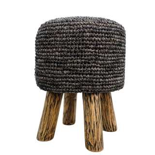 Beistellhocker in Schwarzbraun und Teakfarben Raffia und Massivholz