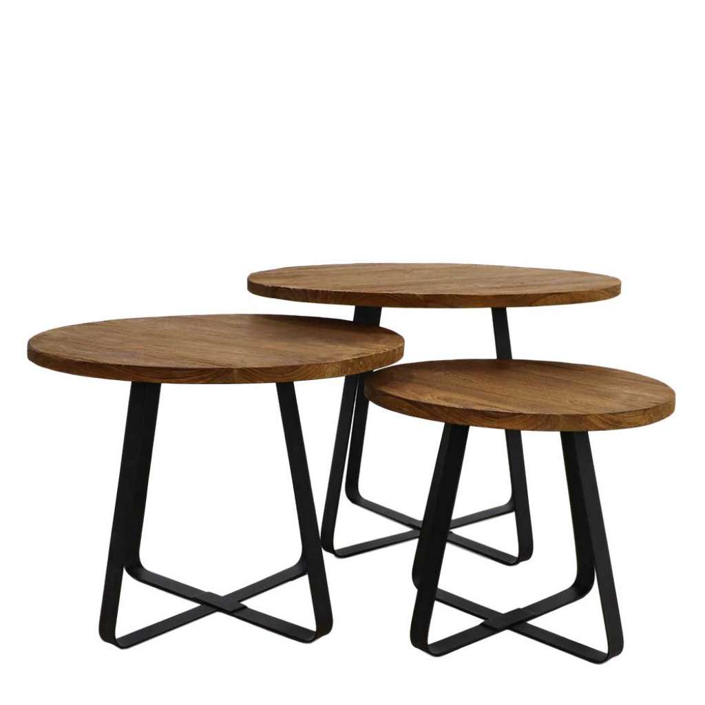 Sofatisch Set aus Teak Recyclingholz Metall in Schwarz (3-teilig)