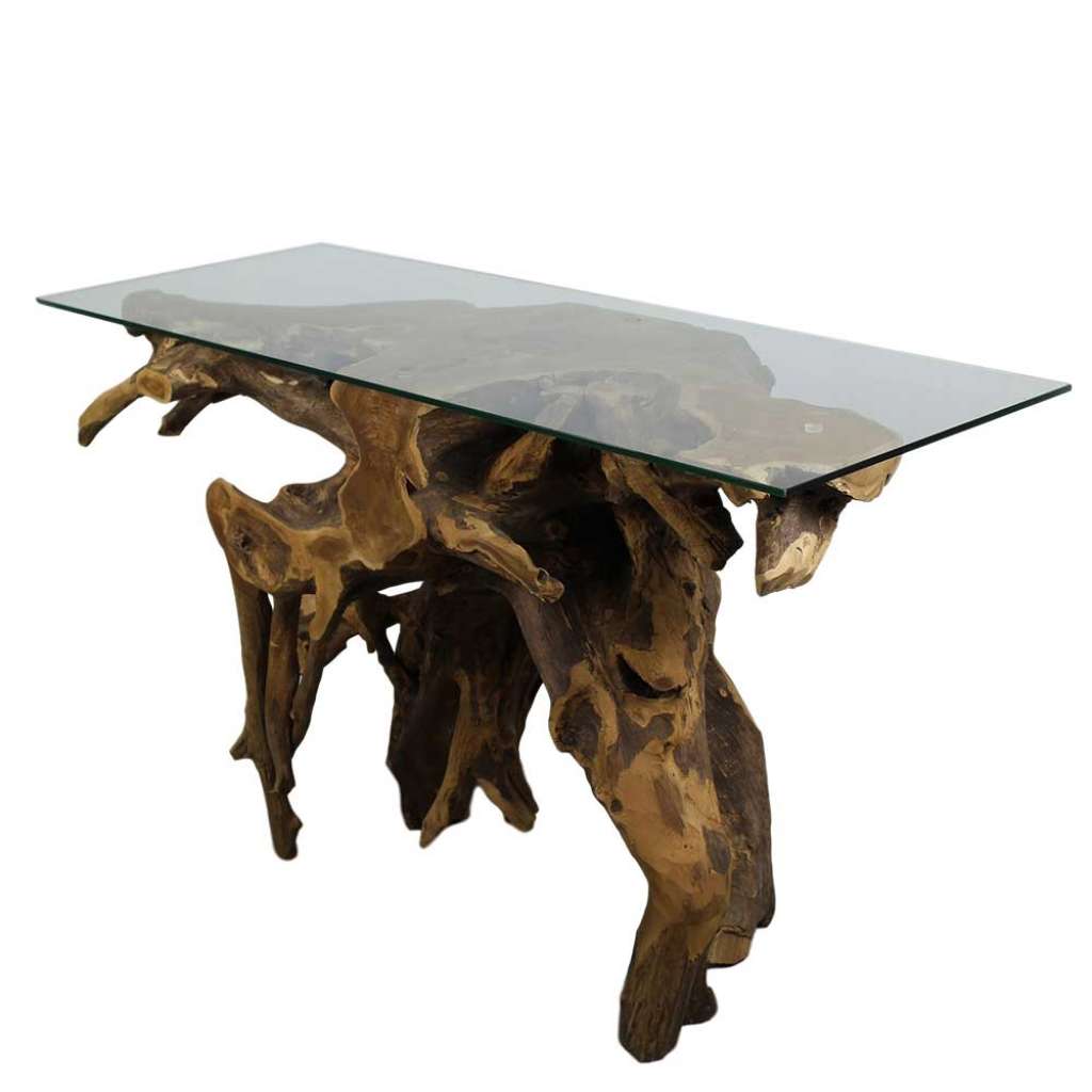 Tischkonsole aus Teak Wurzelholz Glasplatte