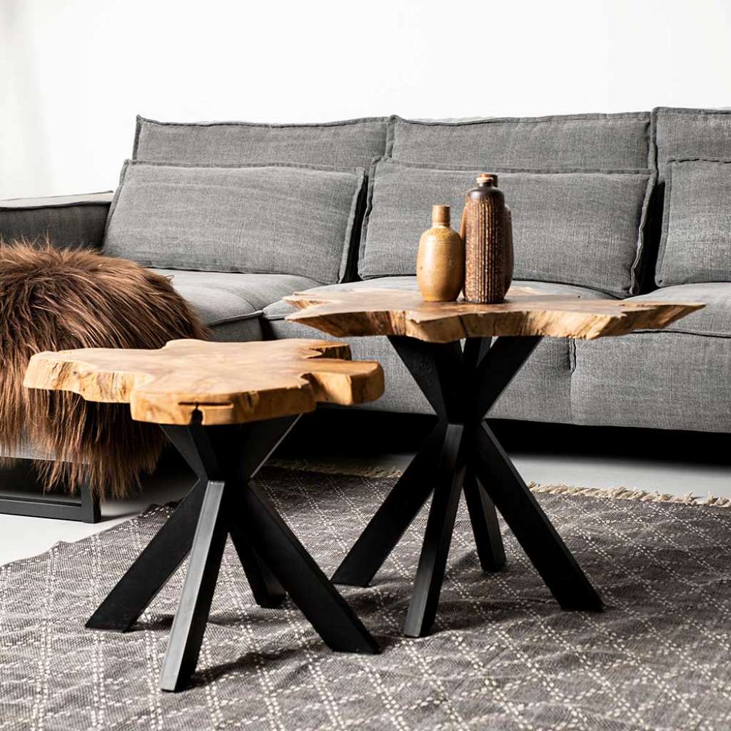 Sofatisch Set aus Teak Massivholz Eisen in Schwarz