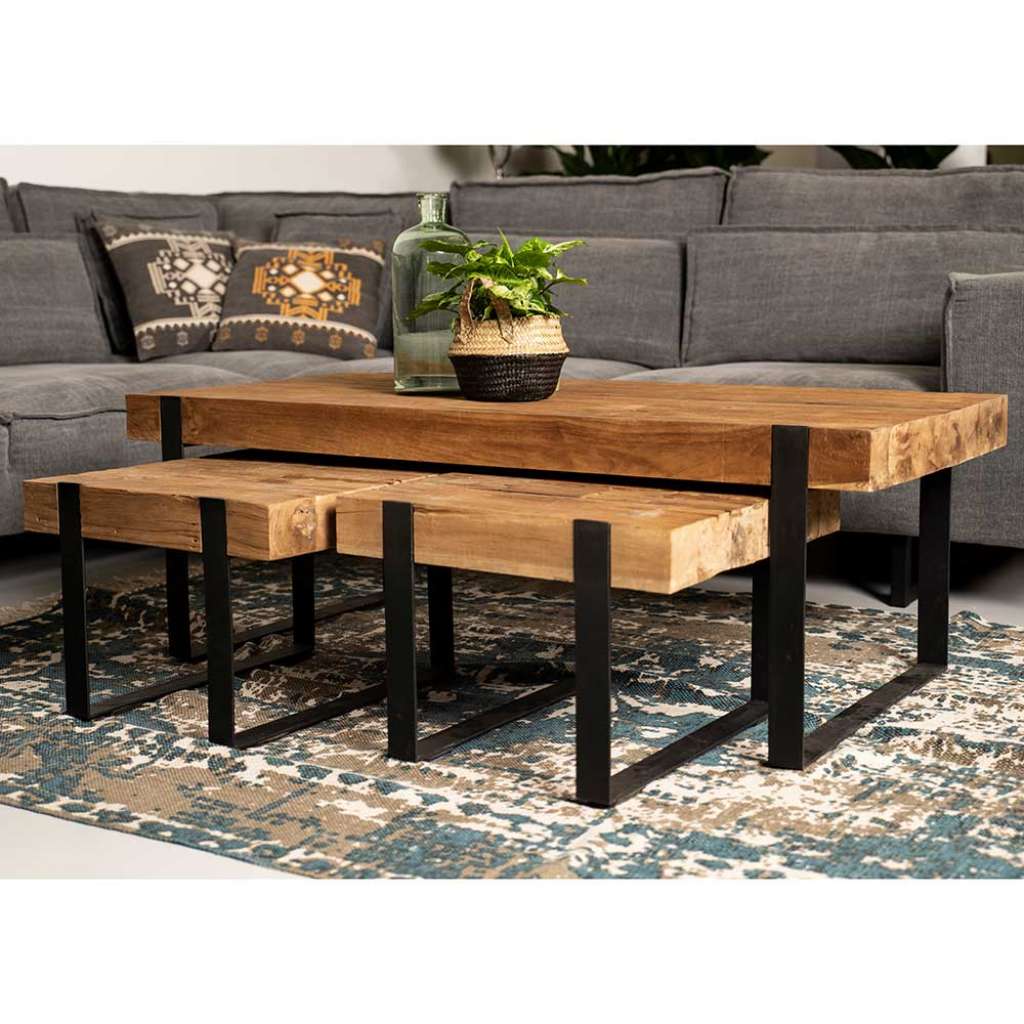 Sofatisch Set aus Massivholz und Eisen Teakfarben und Schwarz (3-teilig)