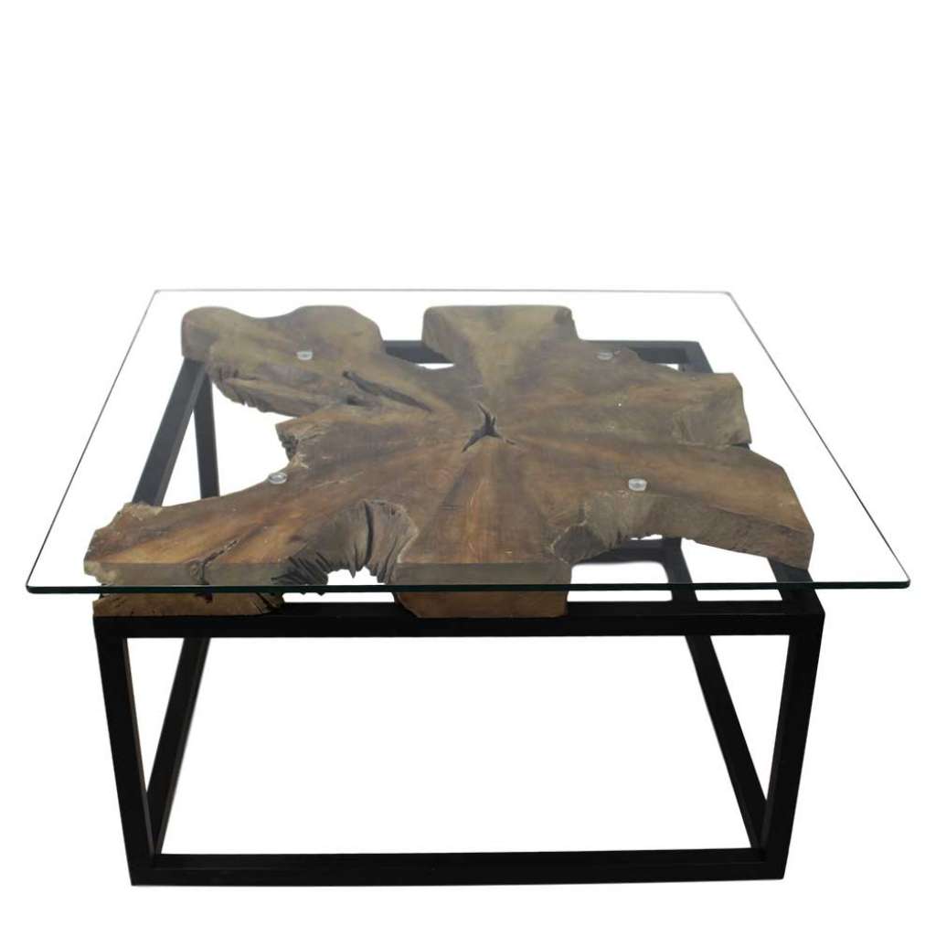 Sofatisch aus Teak Massivholz Glas Eisen in Schwarz