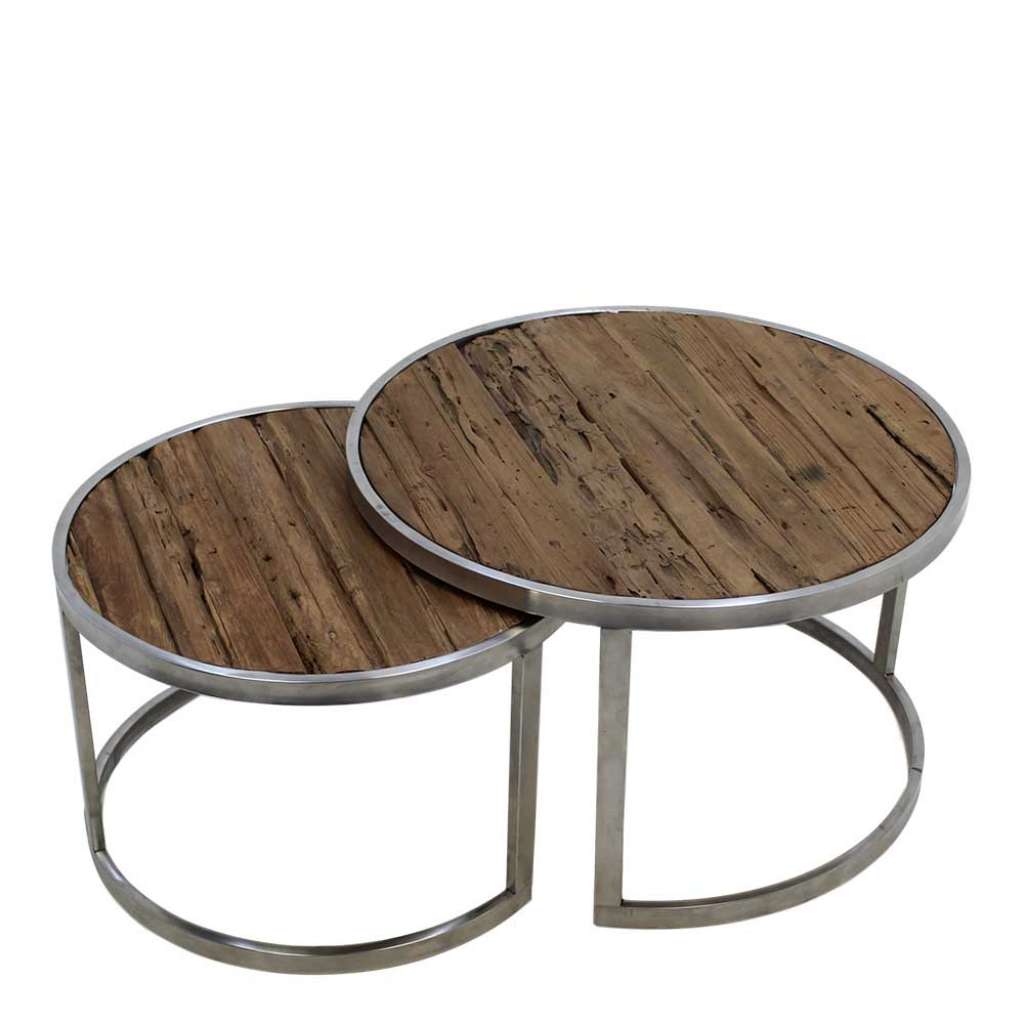 Sofatisch Set aus Teak Recyclingholz Metall in Silberfarben (2-teilig)