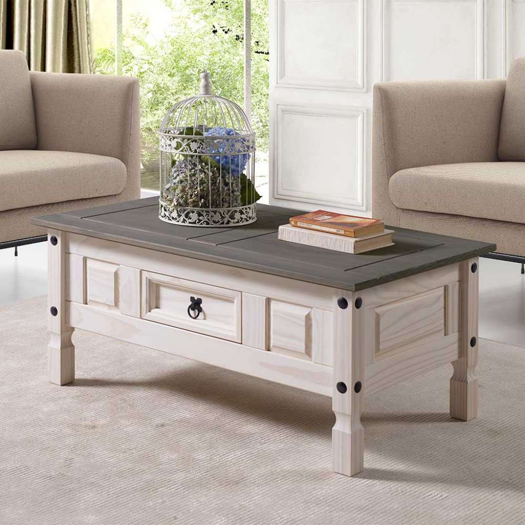 Wohnzimmertisch in Grau und Weiß Kiefer Massivholz