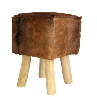 Polsterhocker aus Teak Massivholz Echtfell