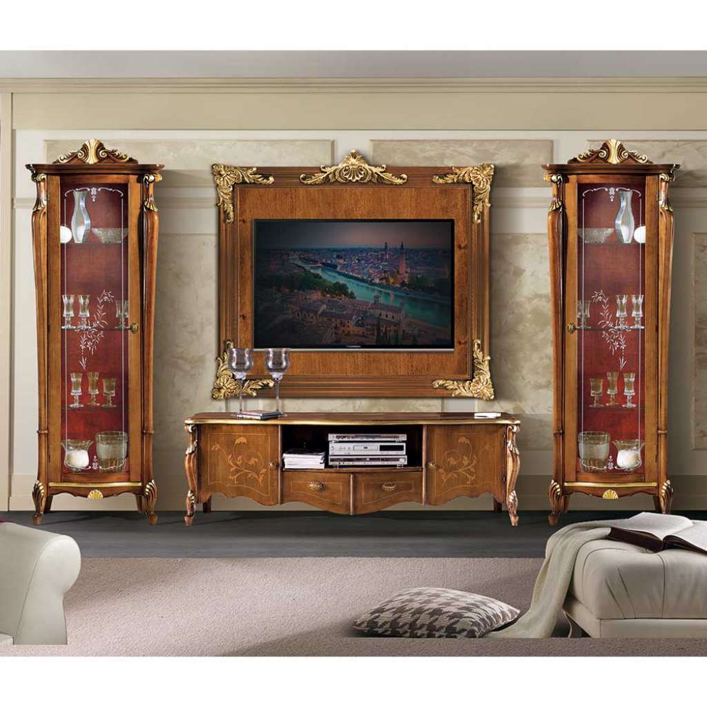 Design Wohnwand in Nussbaumfarben und Dunkelrot italienischen Look (4-teilig)