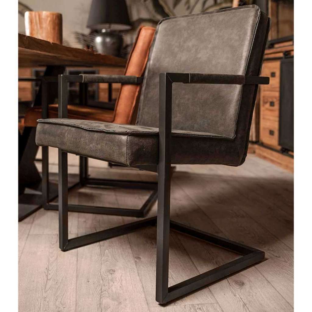 Freischwinger Stühle aus Recyclingleder in Dunkelgrau Metall in Schwarz (2er Set)