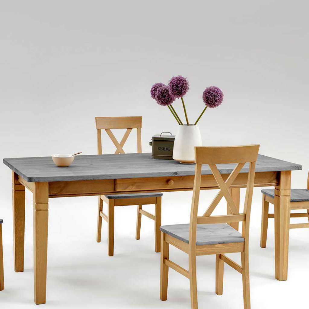 Esszimmertisch in Grau Kiefer teilmassiv zwei Schubladen
