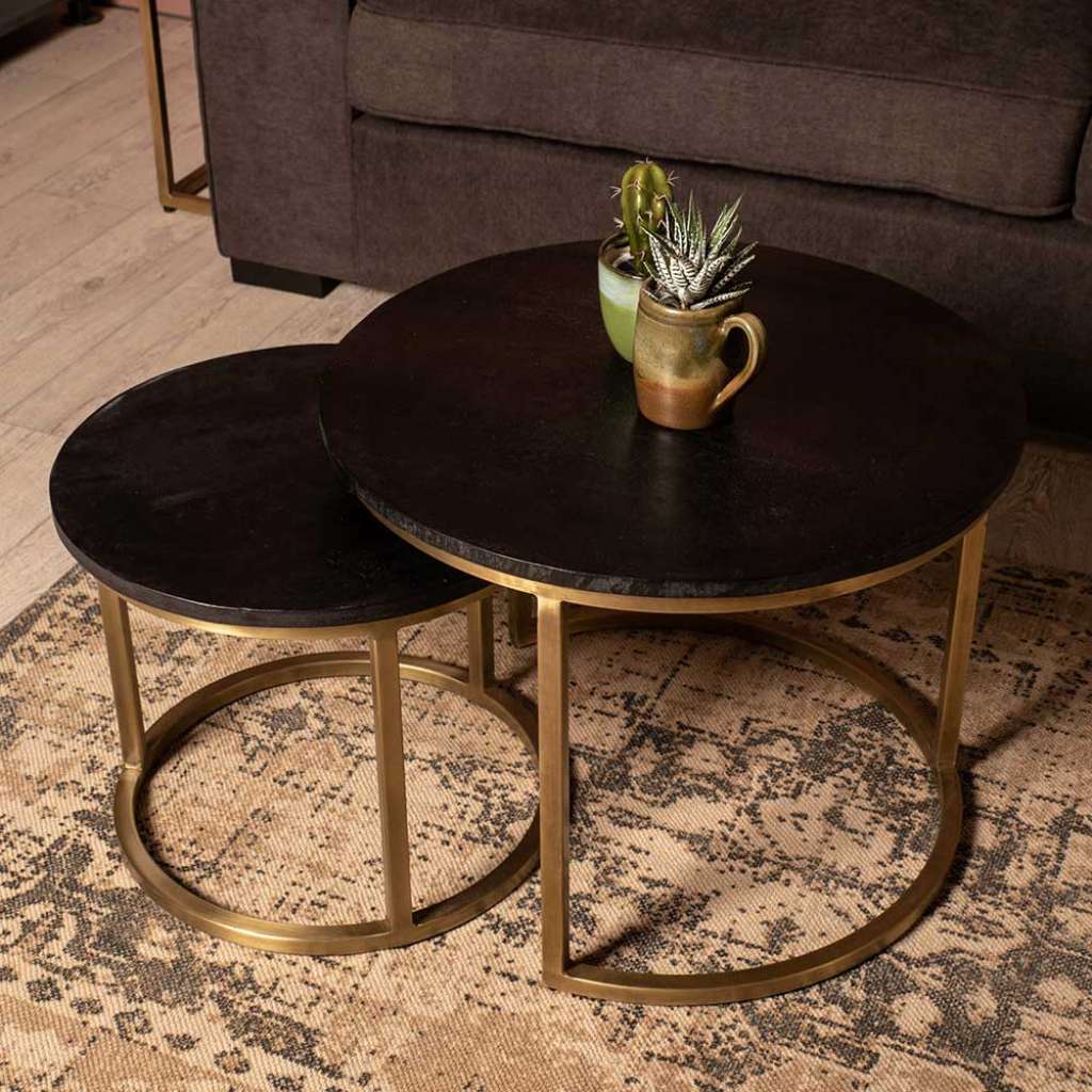 Sofatisch Set aus Mangobaum Massivholz in Schwarz Metall in Altgoldfarben (2-teilig)