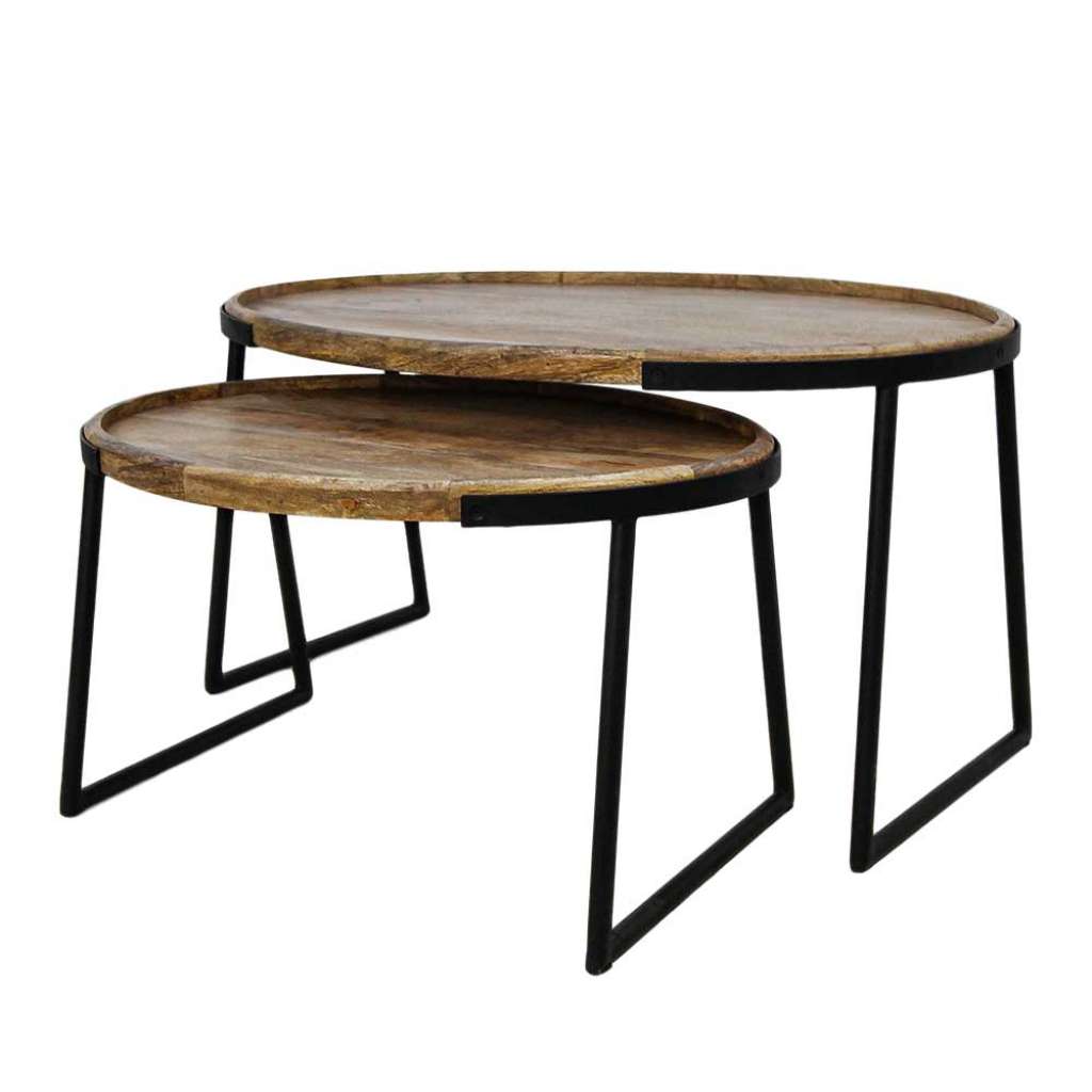 Wohnzimmertisch Set aus Mangobaum Massivholz und Eisen ovale Form (2-teilig)