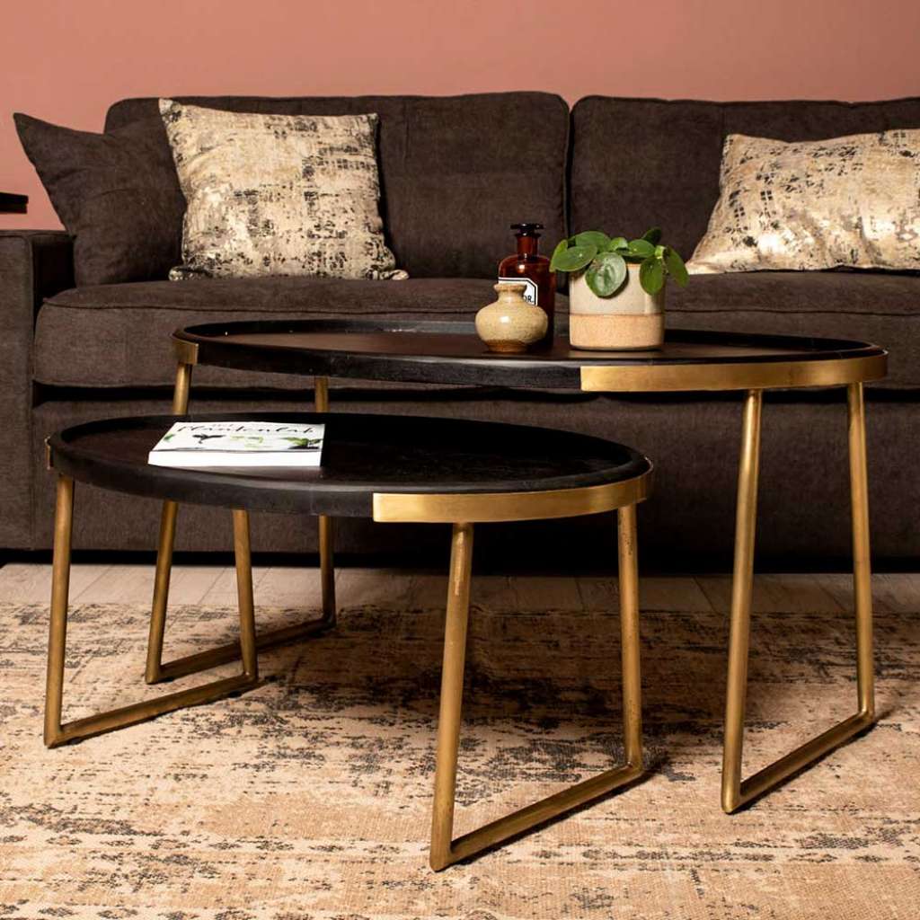 Sofatisch Set in Altgoldfarben und Schwarz ovale Form (2-teilig)