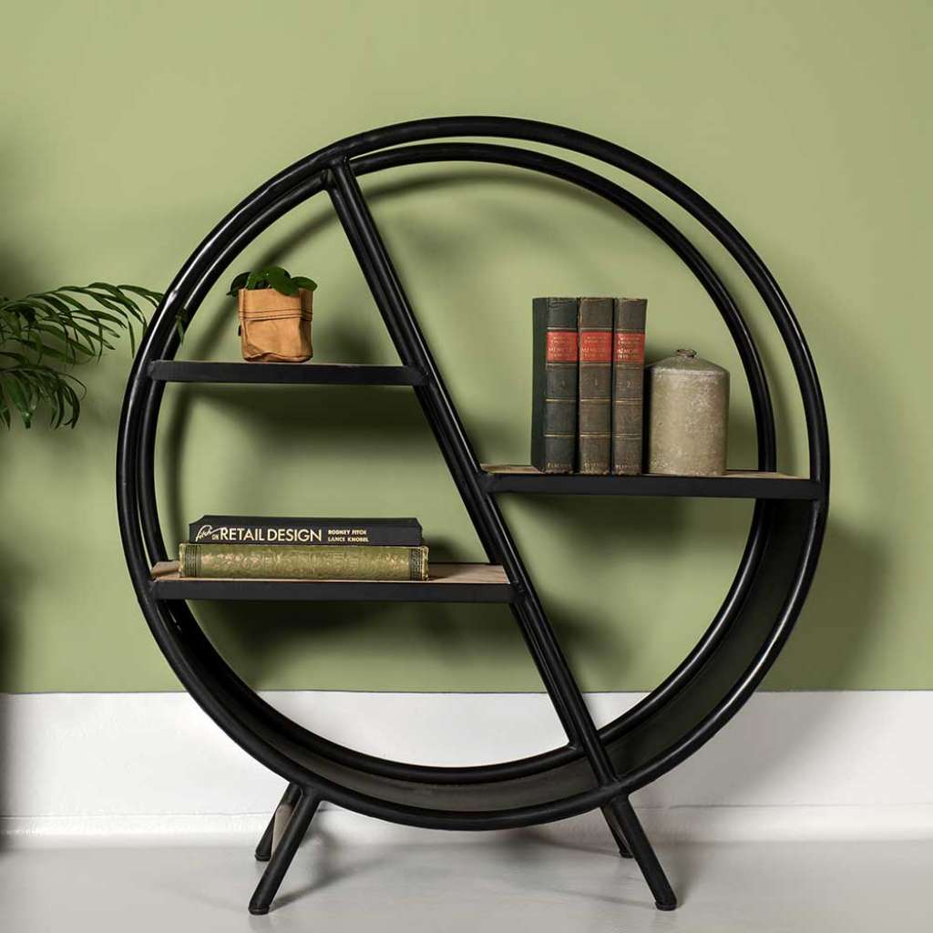 Buchregal aus Mangobaum Massivholz und Eisen 80 cm breit