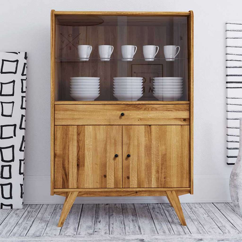 Highboard Vitrine aus Wildeiche Massivholz 100 cm breit