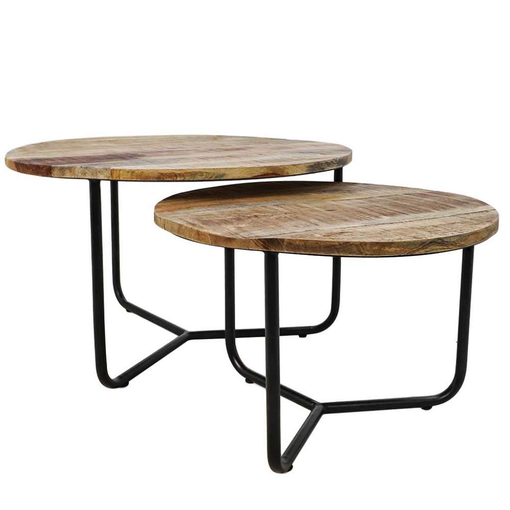 Wohnzimmertisch Set aus Mangobaum Massivholz und Eisen rund (2-teilig)