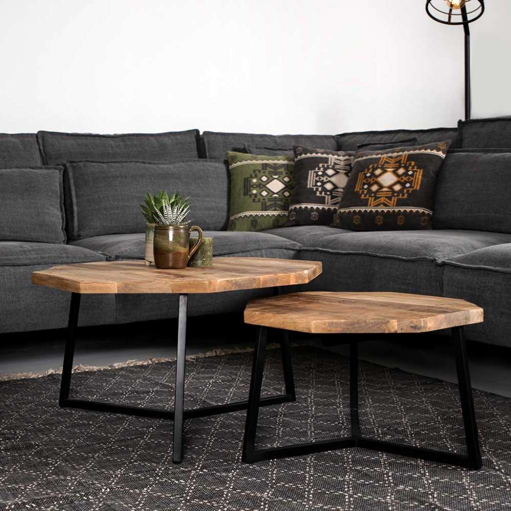 Couchtisch Set aus Mangobaum Massivholz und Eisen Loft Design (2-teilig)