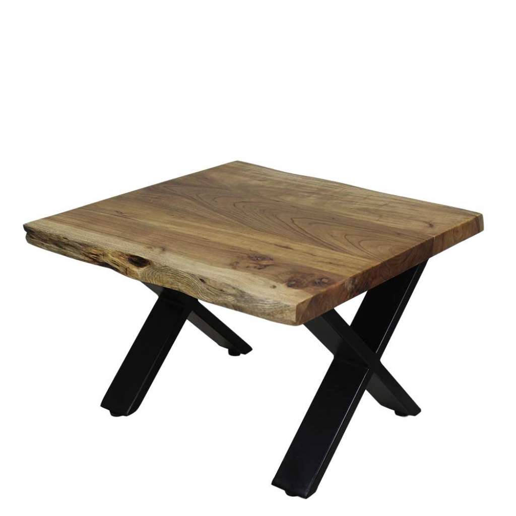 Baumkanten Beistelltisch aus Akazie Massivholz und Eisen 40 cm hoch