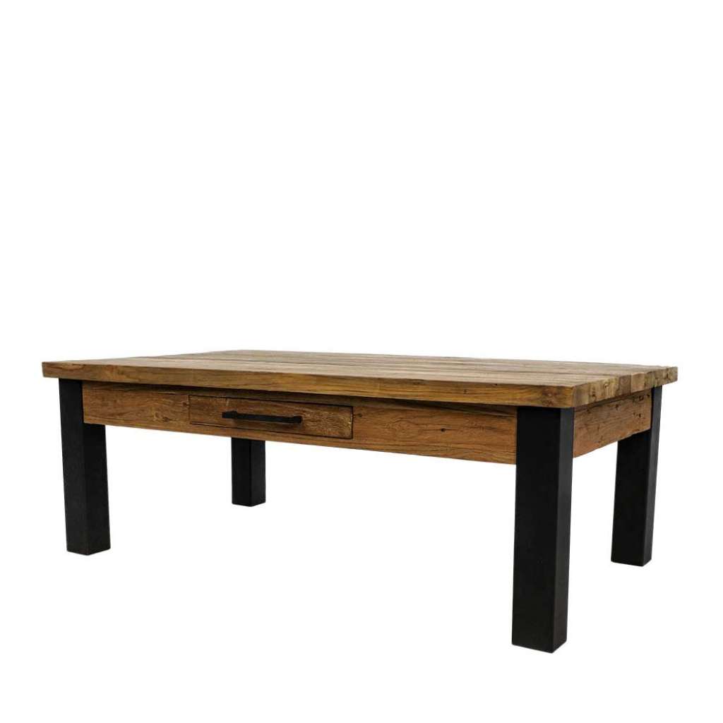 Sofatisch aus Teak Recyclingholz und Metall einer Schublade