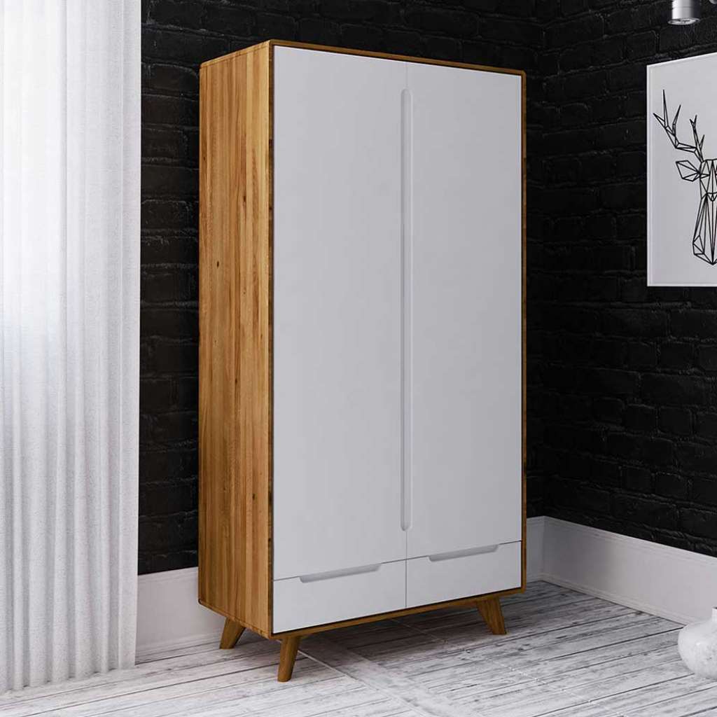 Schlafzimmerschrank in Weiß und Wildeiche 90 cm breit