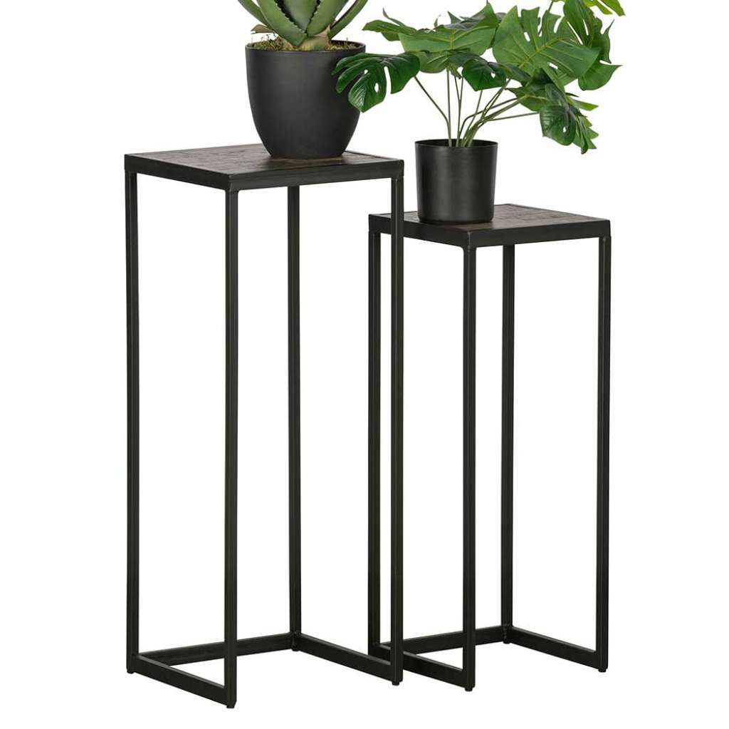 Blumensäulen in Schwarz Teak Recyclingholz und Eisen (2-teilig)