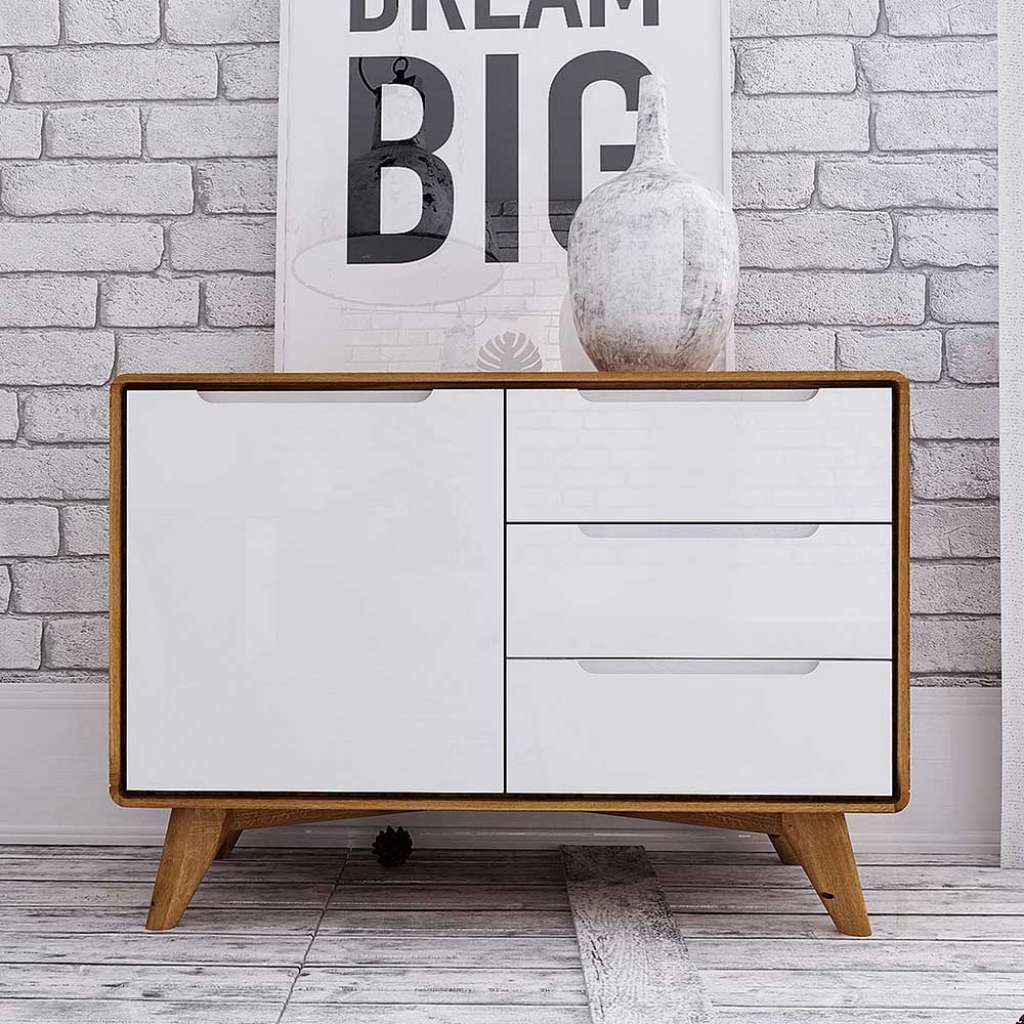 Wohnzimmer Kommode in Weiß und Wildeiche 90 cm breit