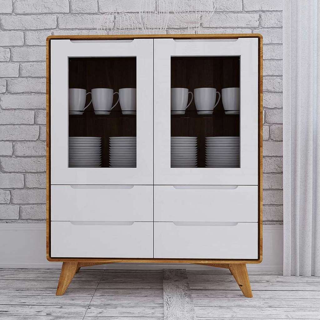 Highboard in Weiß und Wildeiche Glastüren