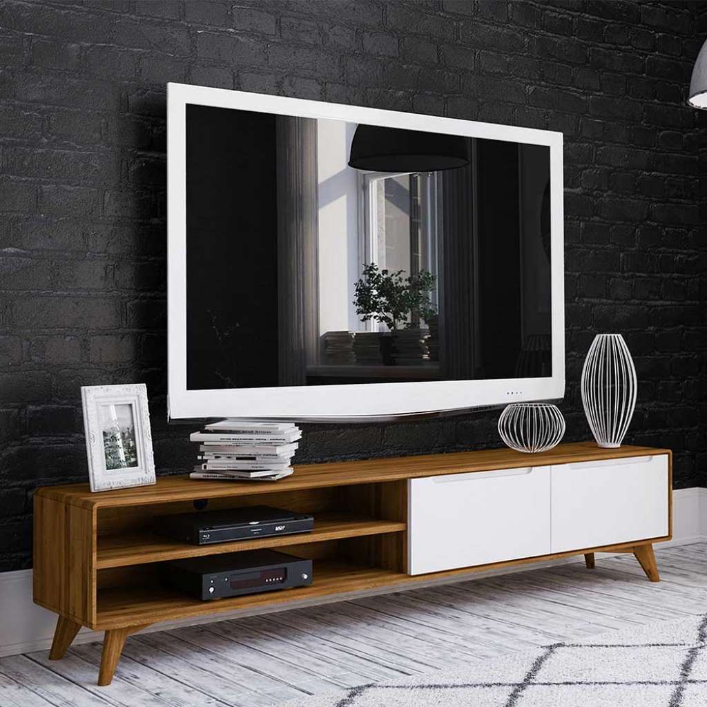 Fernsehtisch in Weiß und Wildeiche 220 cm breit