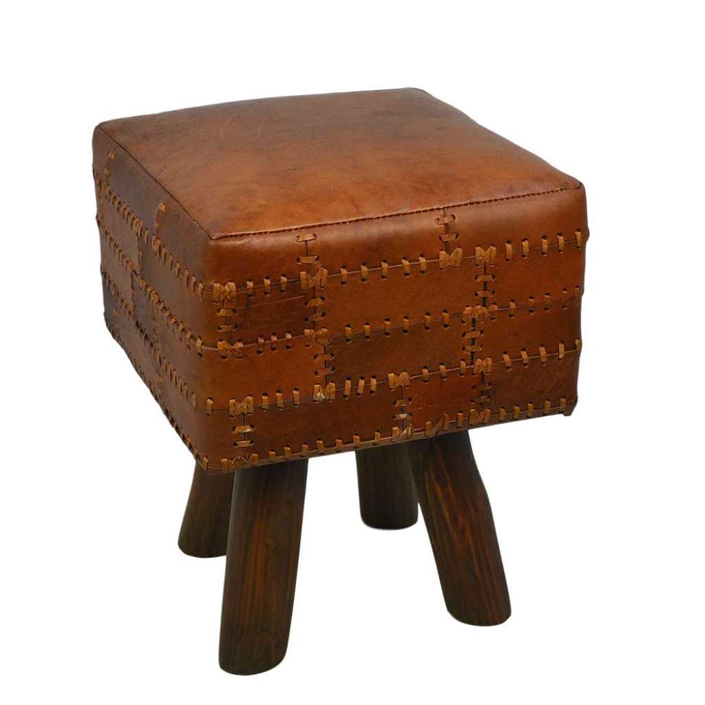 Beistellhocker aus Teak Massivholz und Echtleder 45 cm hoch