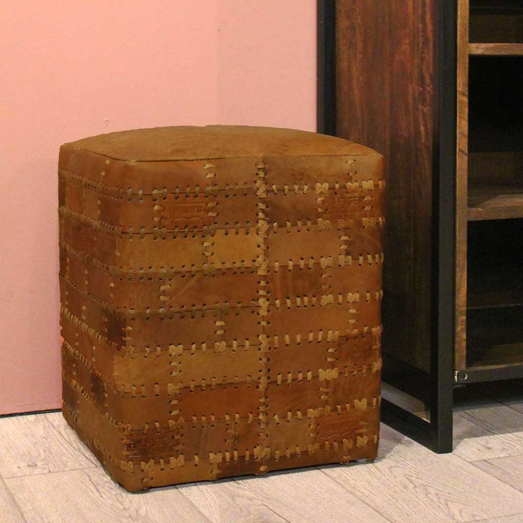 Sitzwürfel aus Echtleder Cognac Braun