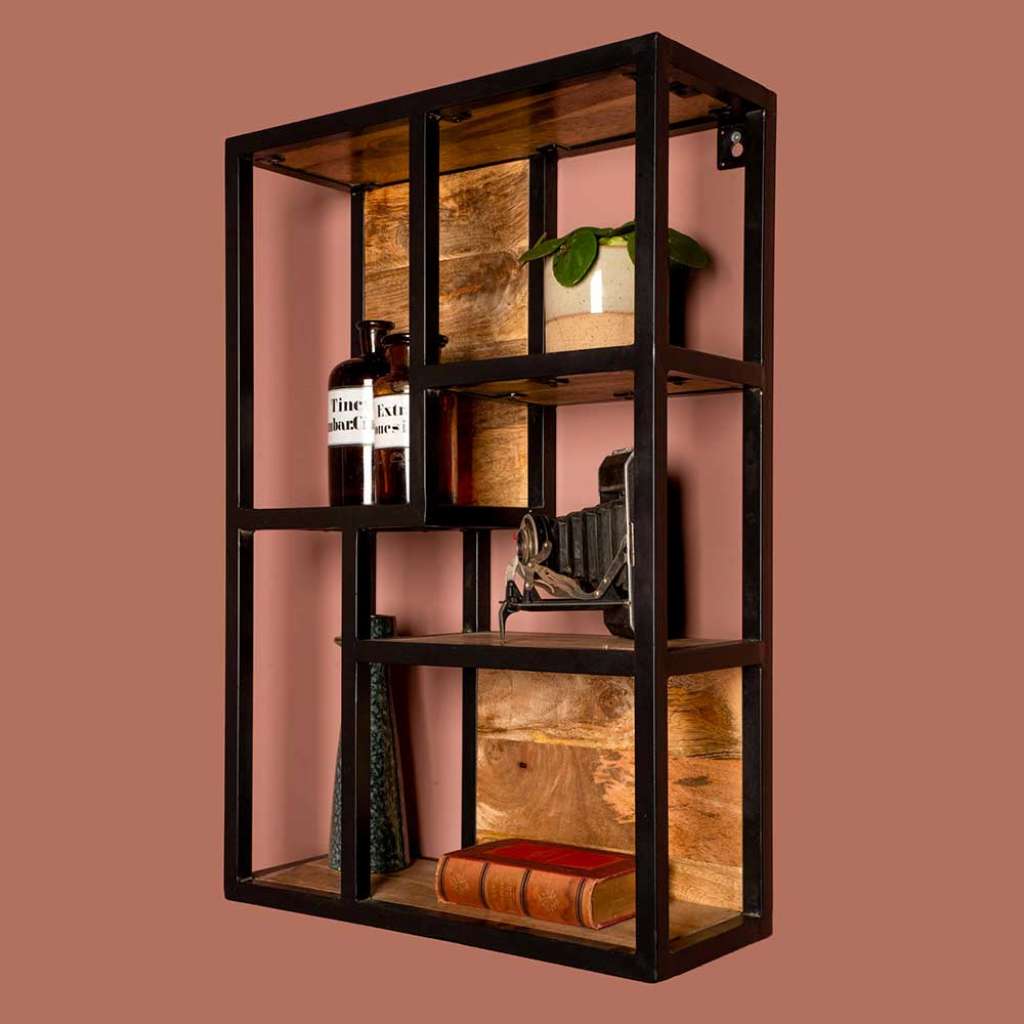 Wand Regal aus Mangobaum Massivholz und Eisen 50 cm breit