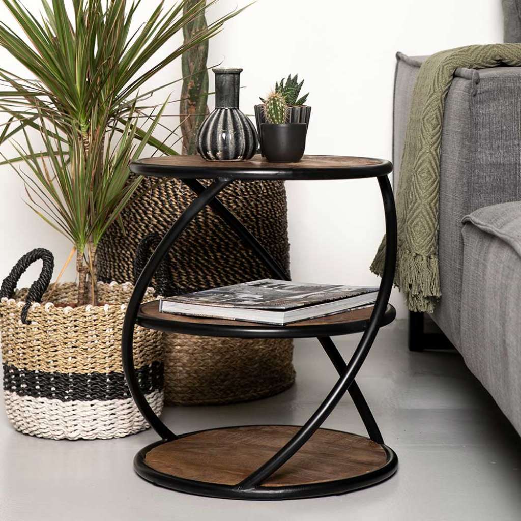 Sofa Beistelltisch aus Mangobaum Massivholz und Metall 50 cm hoch
