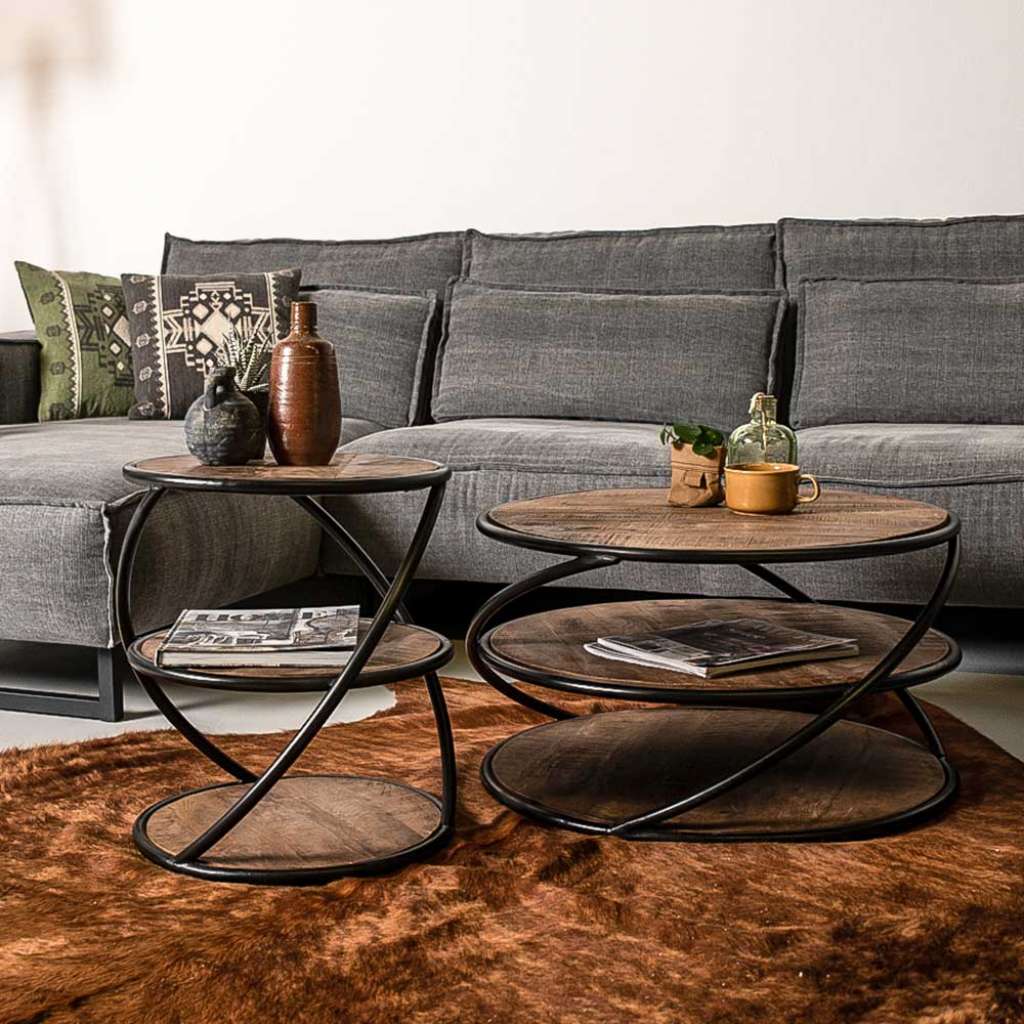 Beistelltisch Set aus Mangobaum Massivholz und Metall Loft Design (2-teilig)