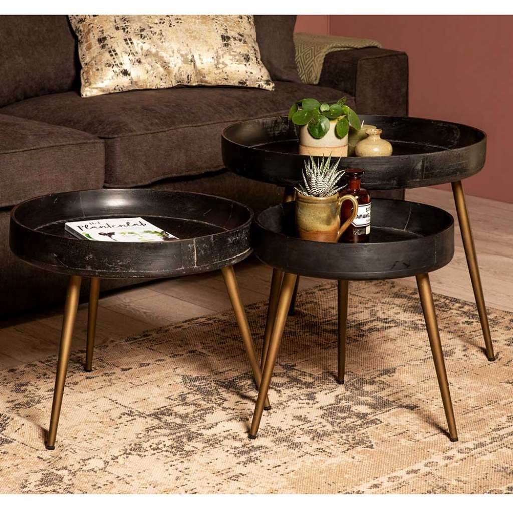 Sofatisch Set aus Mangobaum Massivholz und Metall rund (3-teilig)