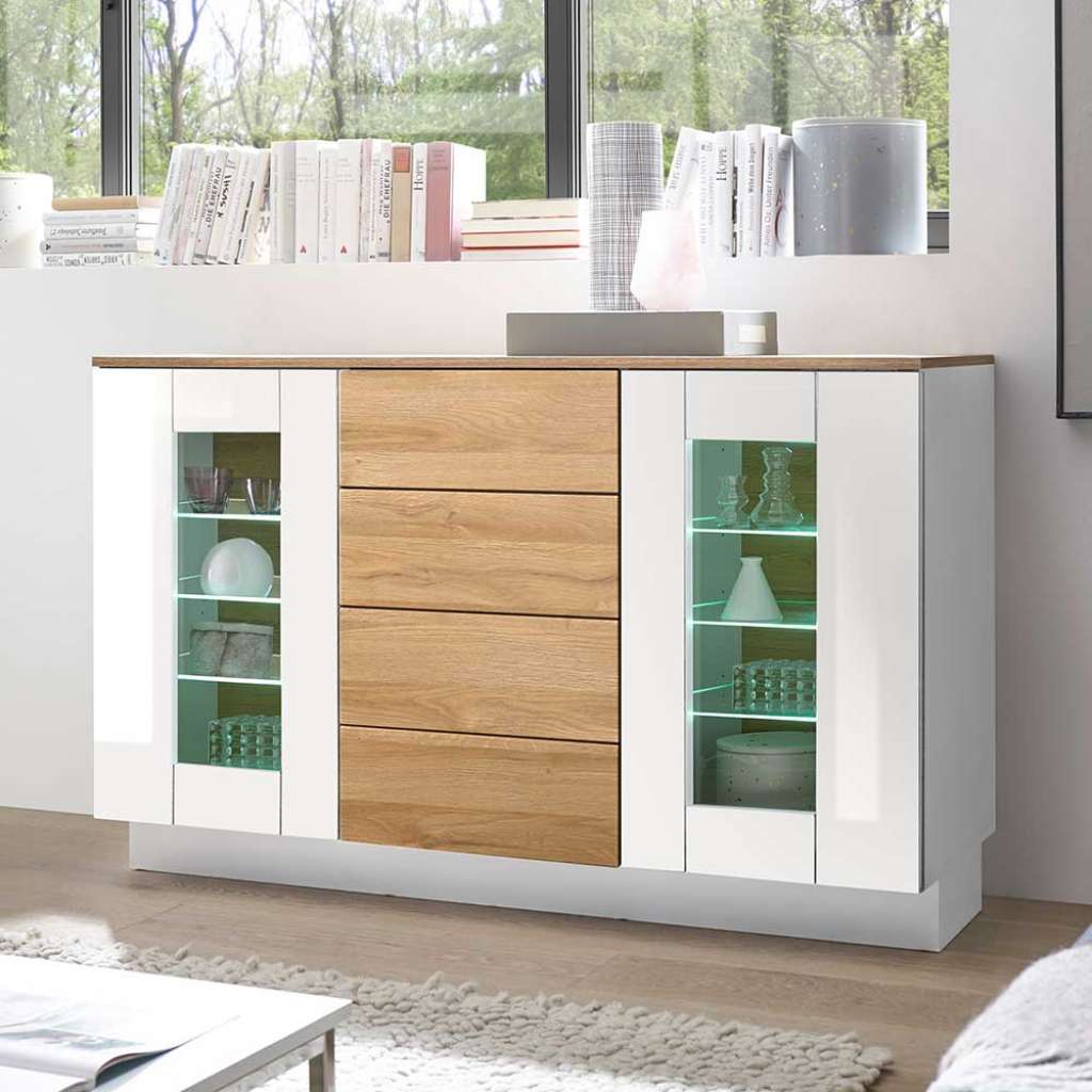 Sideboard Vitrine in Hochglanz Weiß Wildeiche Optik