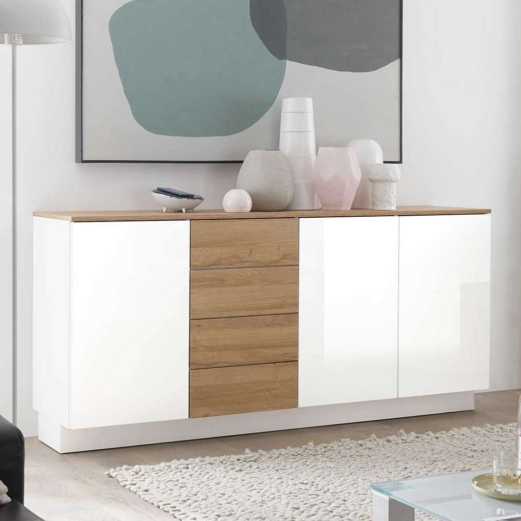 Hochglanzsideboard in Weiß und Wildeiche Optik 85 cm hoch