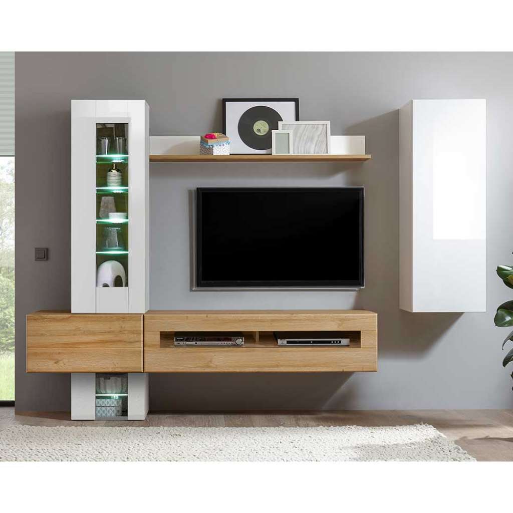 Hängende Wohnwand in Weiß Hochglanz und Wildeiche Optik 230 cm breit (6-teilig)