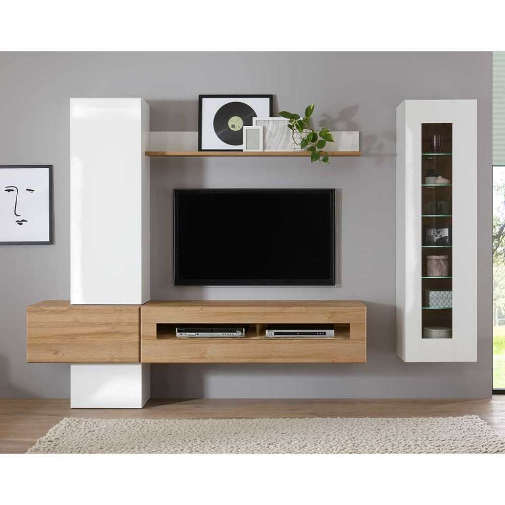 Hochglanz Wohnwand in Weiß und Wildeiche Optik 230 cm breit (6-teilig)