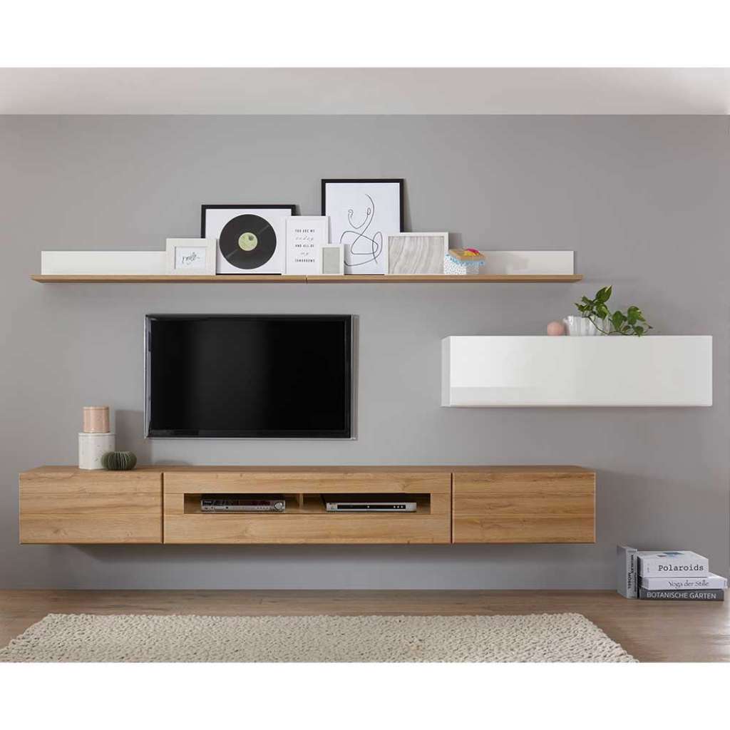 Wohnzimmer Anbauwand in Hochglanz Weiß und Wildeiche Optik 280 cm breit (6-teilig)