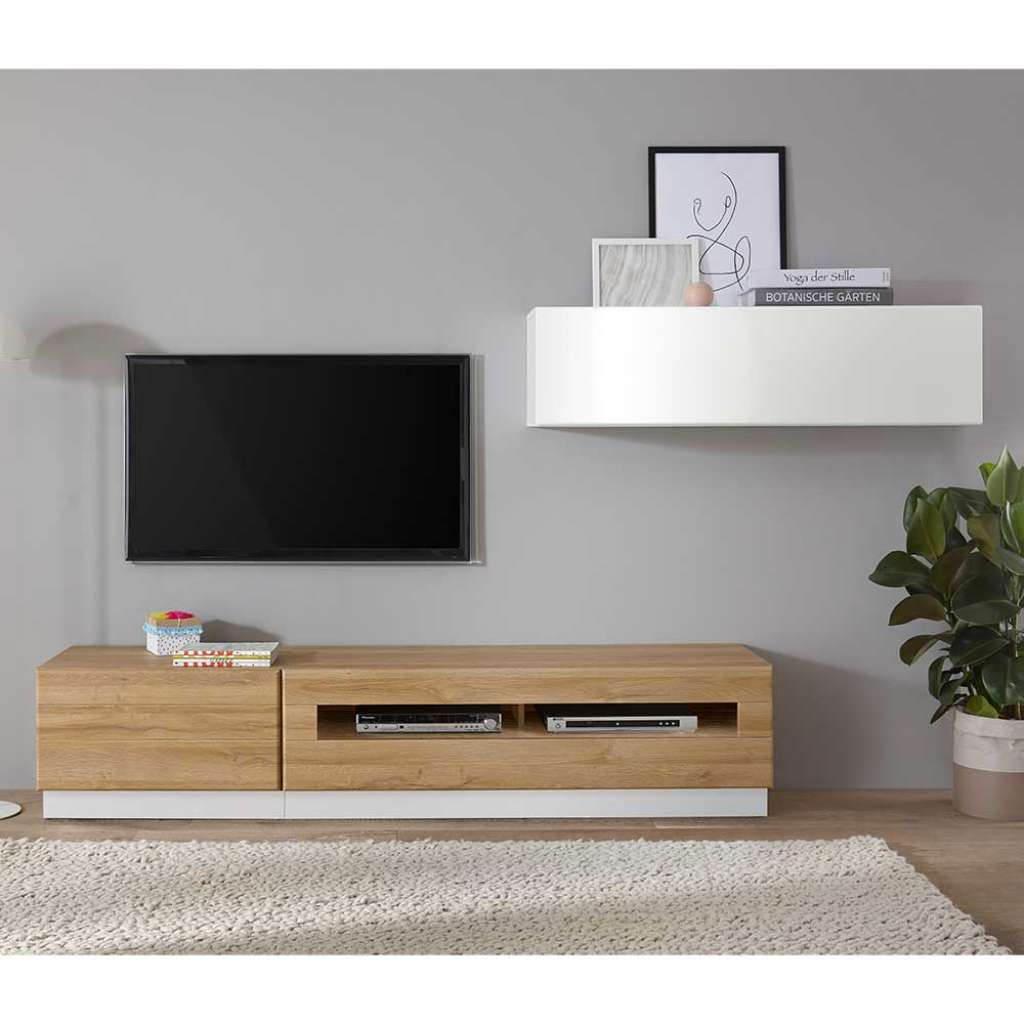 Schrankwand in Weiß Hochglanz und Wildeiche Optik 210 cm breit (3-teilig)