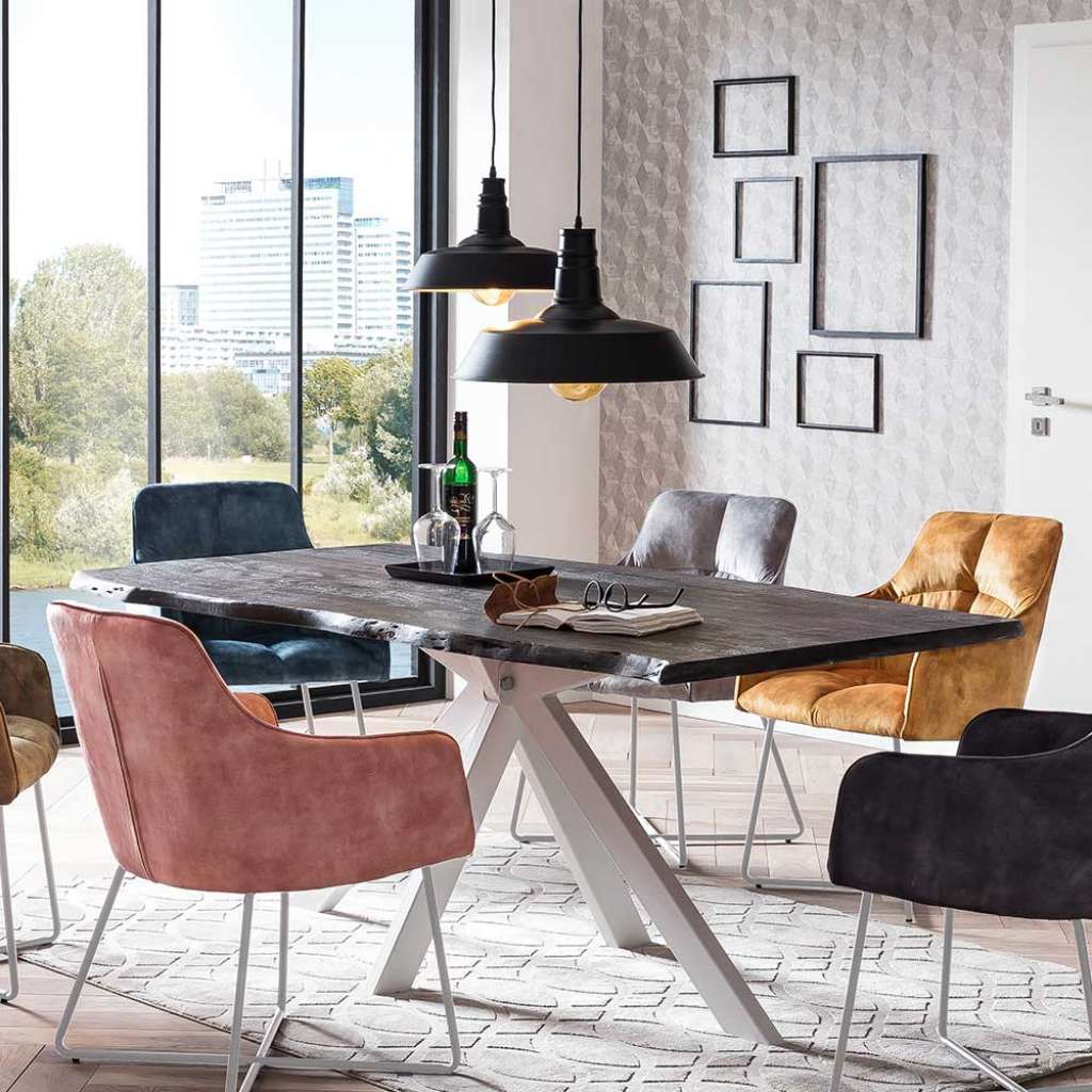 Baumkanten Esstisch aus Akazie Massivholz und Metall Spider Gestell in Weiß
