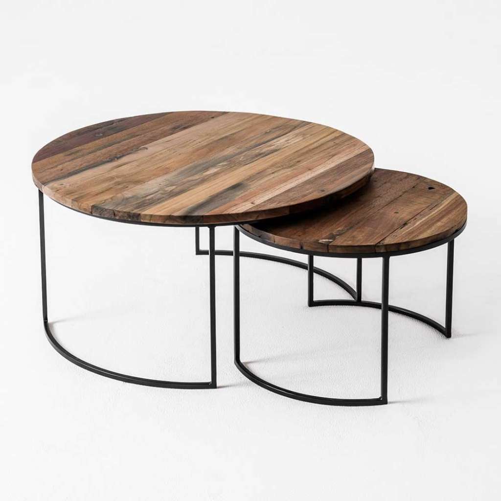Sofa Beistelltisch Set aus Recyclingholz und Eisen rund (2-teilig)