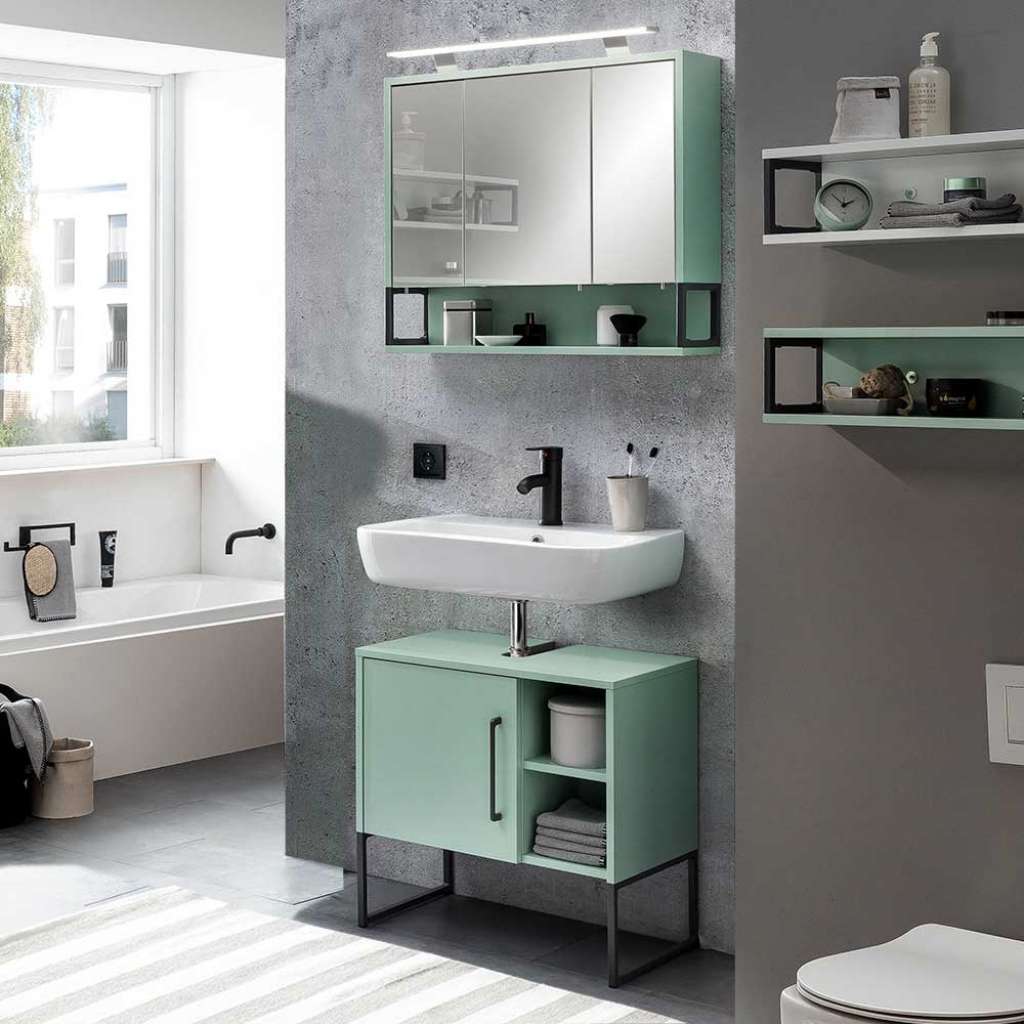 Badmöbel Set in Mintgrün und Grau LED Beleuchtung (2-teilig)