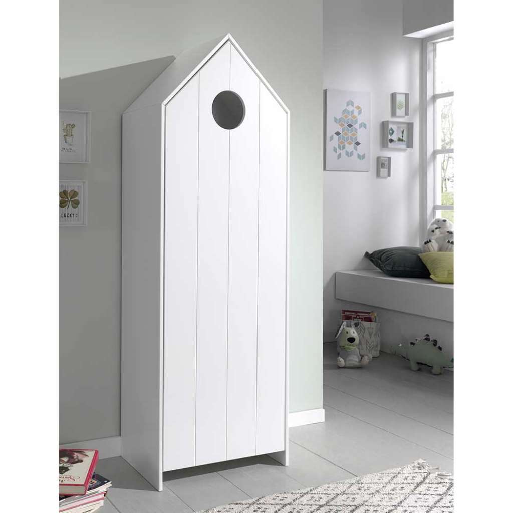 Weißer Kinder Kleiderschrank in Haus Optik einer Tür