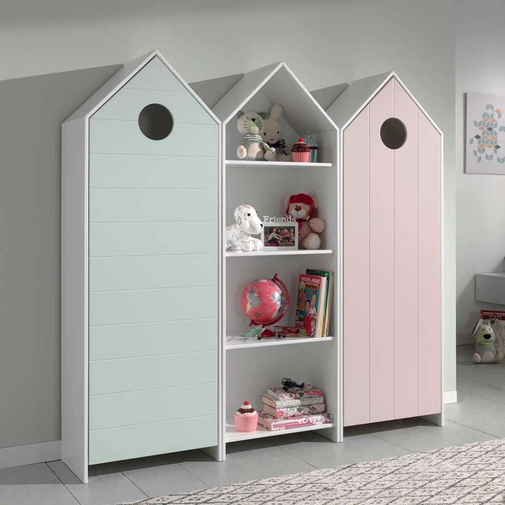 Kinderzimmerkleiderschrank Set in Mintgrün und Rosa Regal in Weiß (3-teilig)