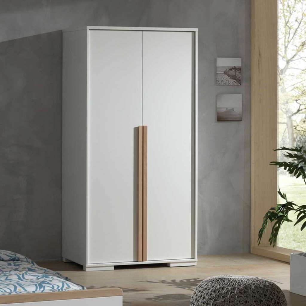 Jugend Kleiderschrank in Weiß und Buche Optik 195 cm hoch