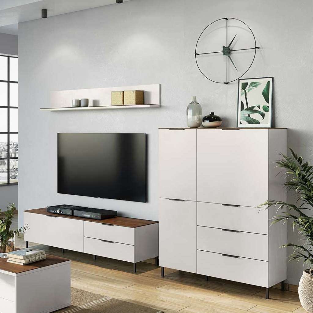 Designer Wohnwand in Hellgrau und Nussbaum Optik Made in Germany (3-teilig)