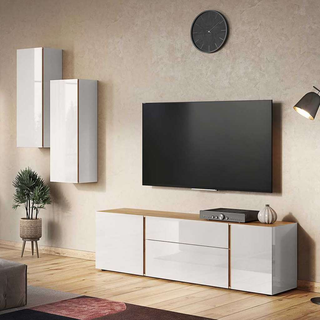 Wohnzimmer Anbauwand in Hellgrau und Wildeichefarben Made in Germany (3-teilig)