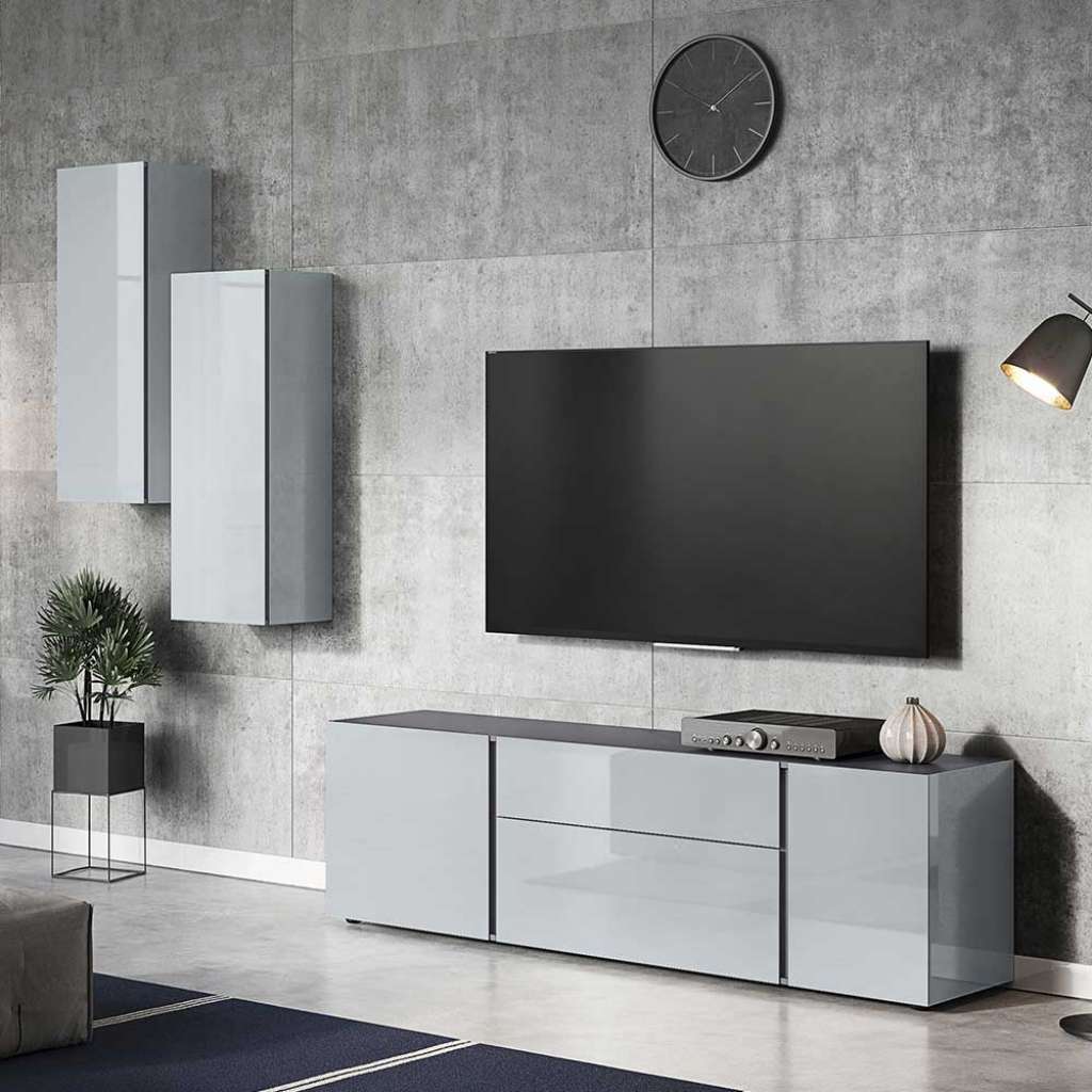 Design Wohnwand in Dunkelgrau und Silberfarben Glas beschichtet (3-teilig)