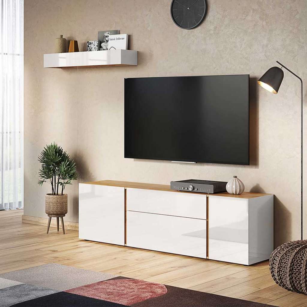 Wohnzimmerwand in Hellgrau und Wildeiche Optik 180 cm breit (2-teilig)