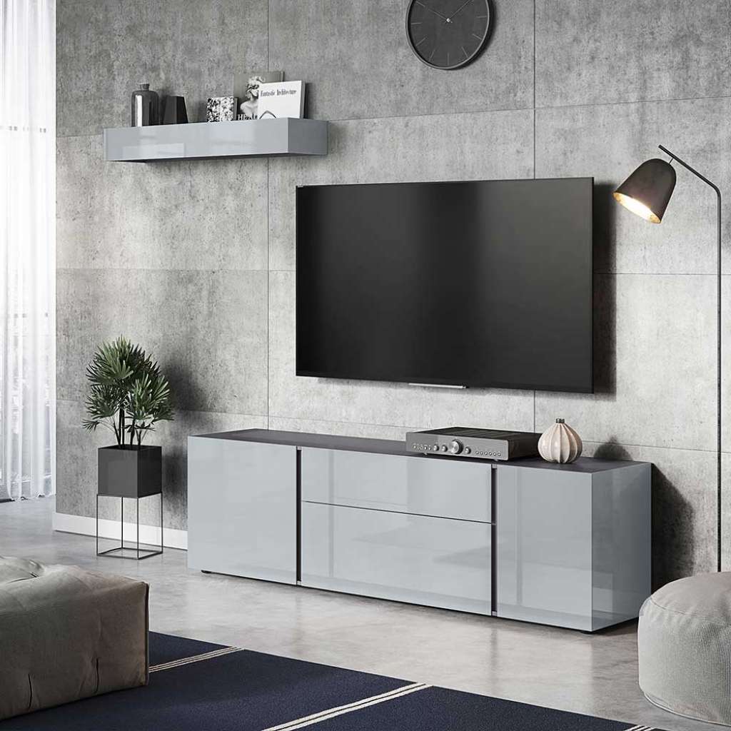 Anbauwand in Silberfarben und Dunkelgrau Glas beschichtet (2-teilig)